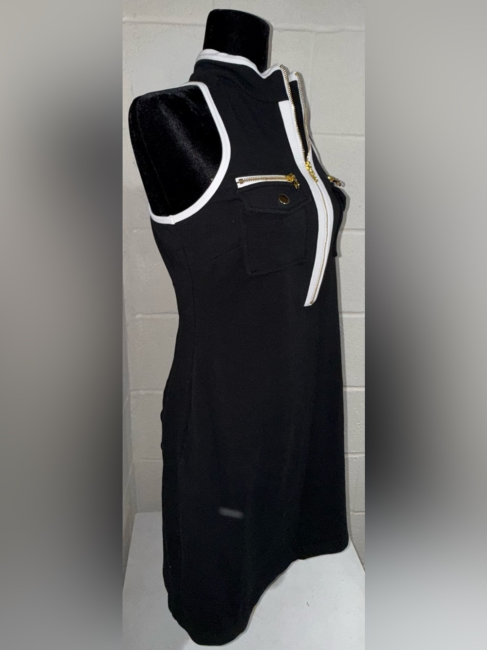 Boston Proper Black Mini Dress with White Trim and Gold Hardware - Picture 3 of 7